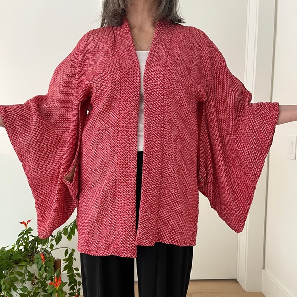 HAORI Kimono Sleeve Japanese Jacket Red Textured Fabric Jacquard Floral Lining - Picture 5 of 16